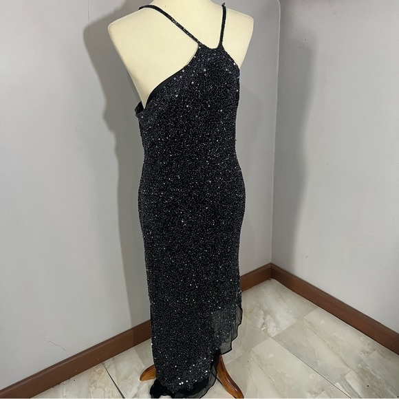 Vintage Y2K Asymmetric Beaded Cocktail Dress Black Formal Long Classic Large LBD - Picture 3 of 11